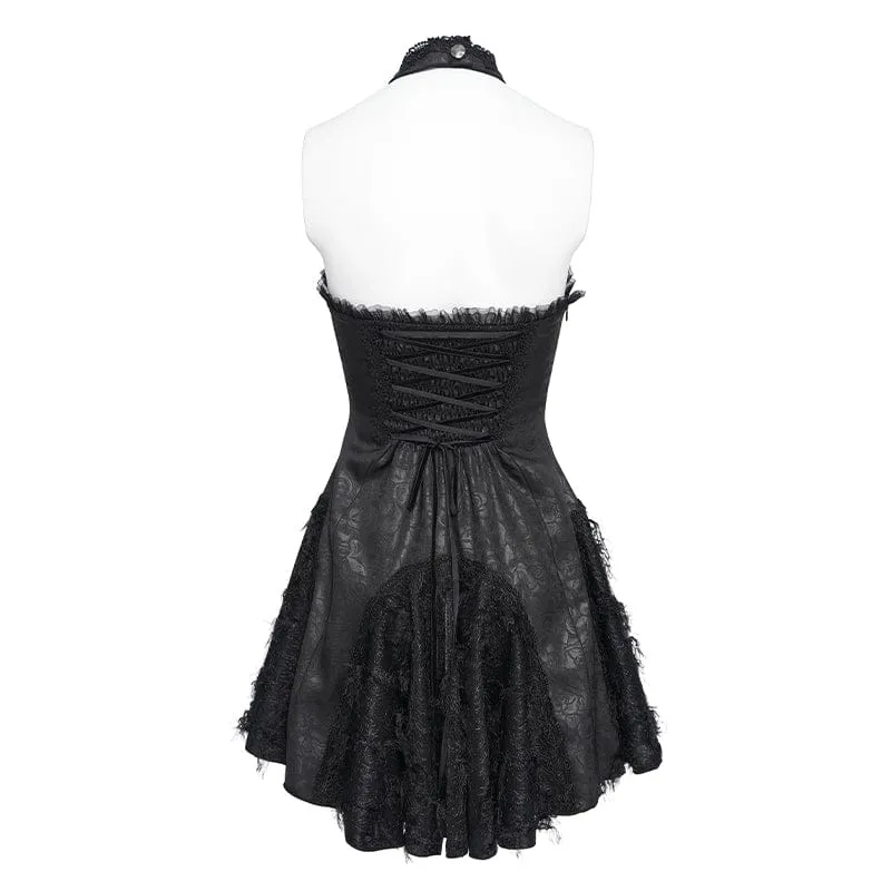 Schwarzes Gothic-Kleid für Damen mit Fledermaus- und Spinnenmuster, Schnürung und Neckholder