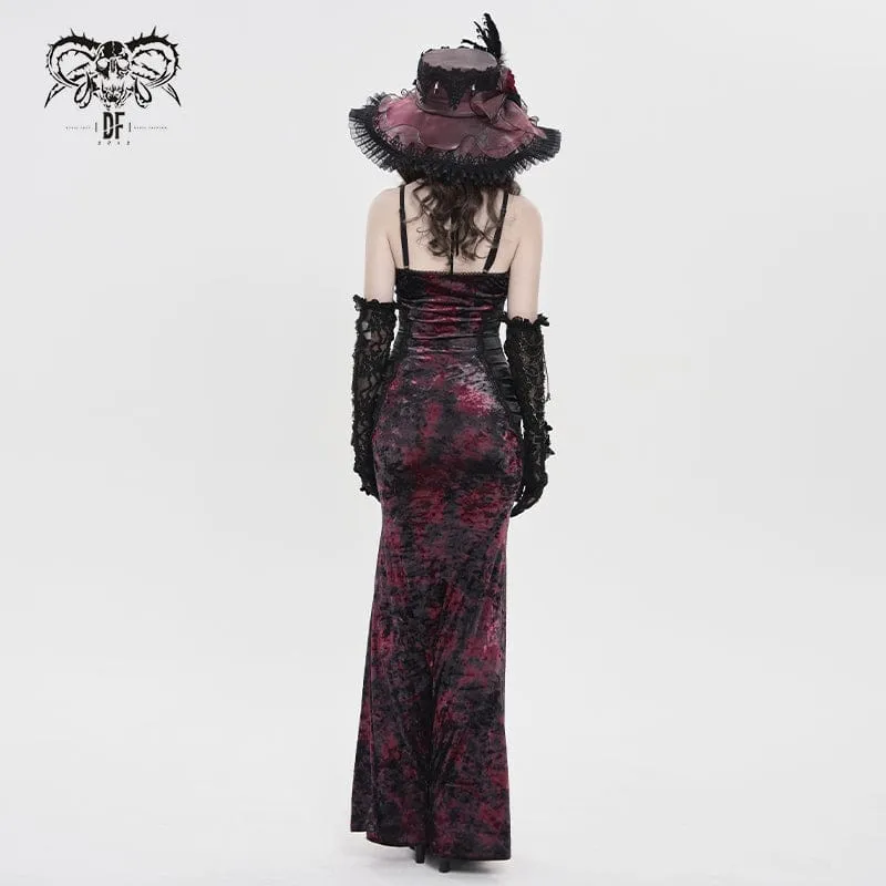 Gothic-Maxikleid mit tiefem Ausschnitt und Falten für Damen, Hochzeitskleid, Schwarz-Rot