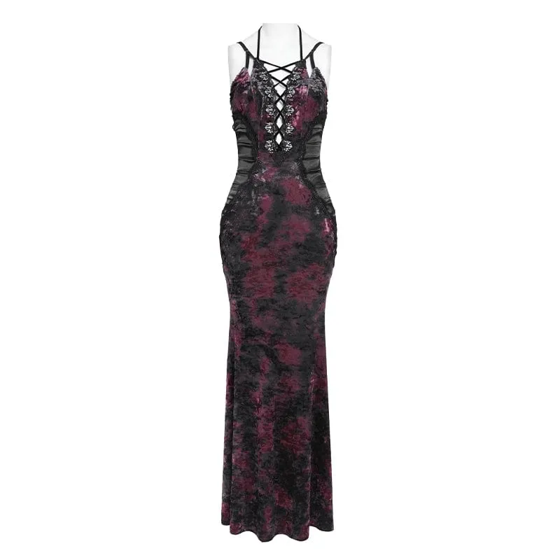 Gothic-Maxikleid mit tiefem Ausschnitt und Falten für Damen, Hochzeitskleid, Schwarz-Rot