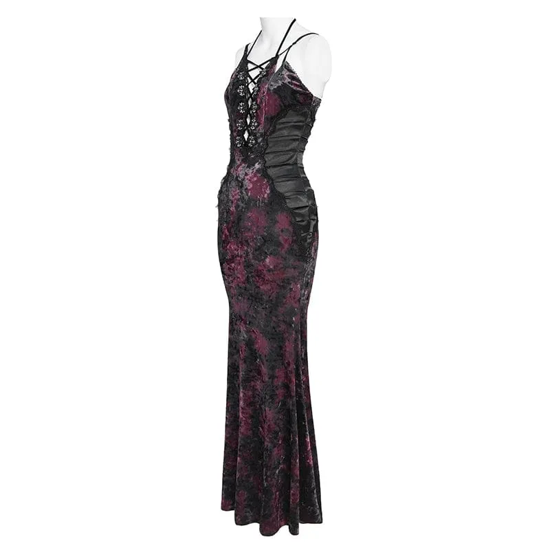 Gothic-Maxikleid mit tiefem Ausschnitt und Falten für Damen, Hochzeitskleid, Schwarz-Rot
