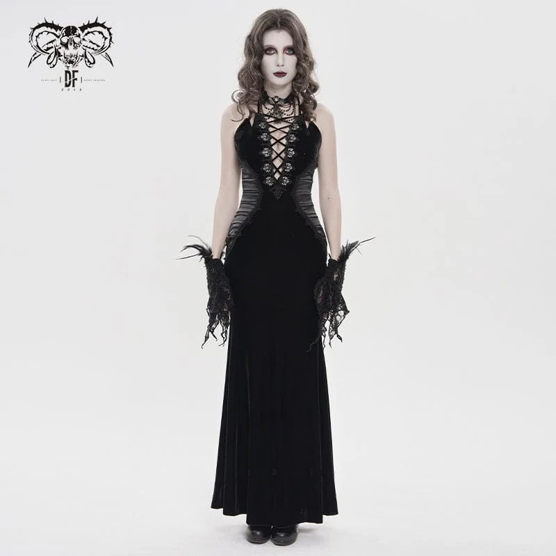 Schwarzes Gothic-Maxikleid mit tiefem Ausschnitt und Falten für Damen – ideal als Hochzeitskleid