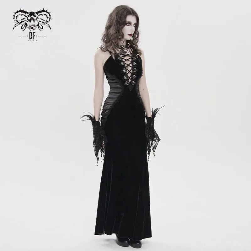 Schwarzes Gothic-Maxikleid mit tiefem Ausschnitt und Falten für Damen – ideal als Hochzeitskleid