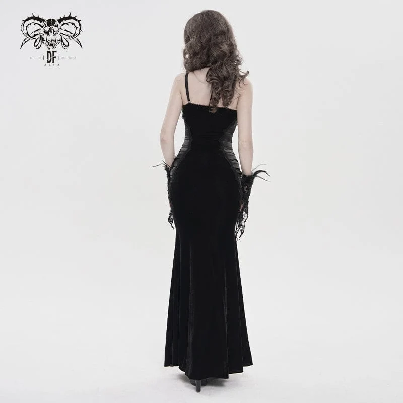 Schwarzes Gothic-Maxikleid mit tiefem Ausschnitt und Falten für Damen – ideal als Hochzeitskleid