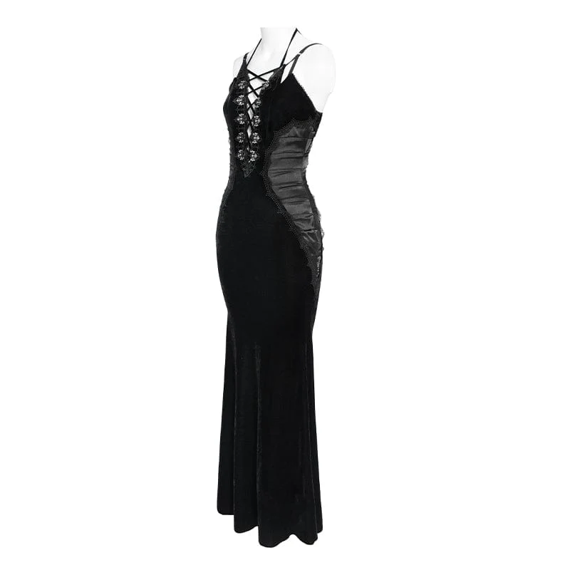 Schwarzes Gothic-Maxikleid mit tiefem Ausschnitt und Falten für Damen – ideal als Hochzeitskleid