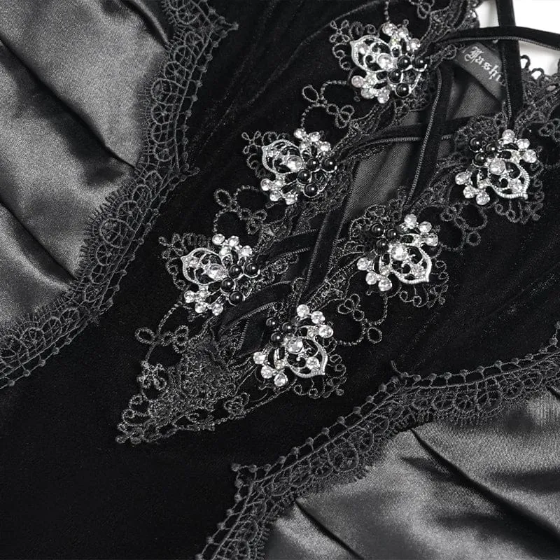 Schwarzes Gothic-Maxikleid mit tiefem Ausschnitt und Falten für Damen – ideal als Hochzeitskleid