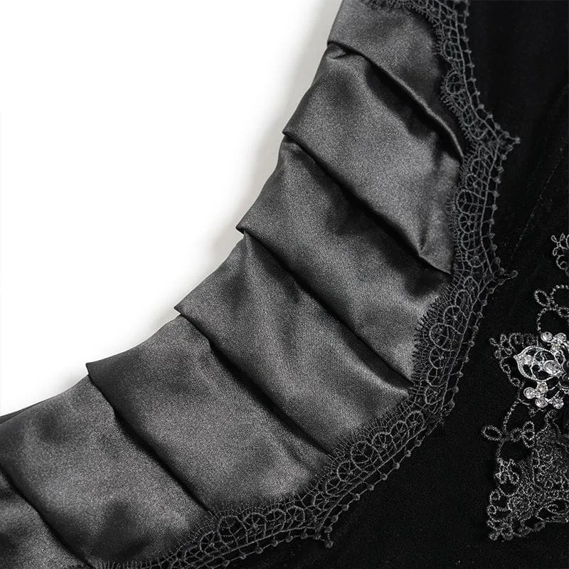 Schwarzes Gothic-Maxikleid mit tiefem Ausschnitt und Falten für Damen – ideal als Hochzeitskleid