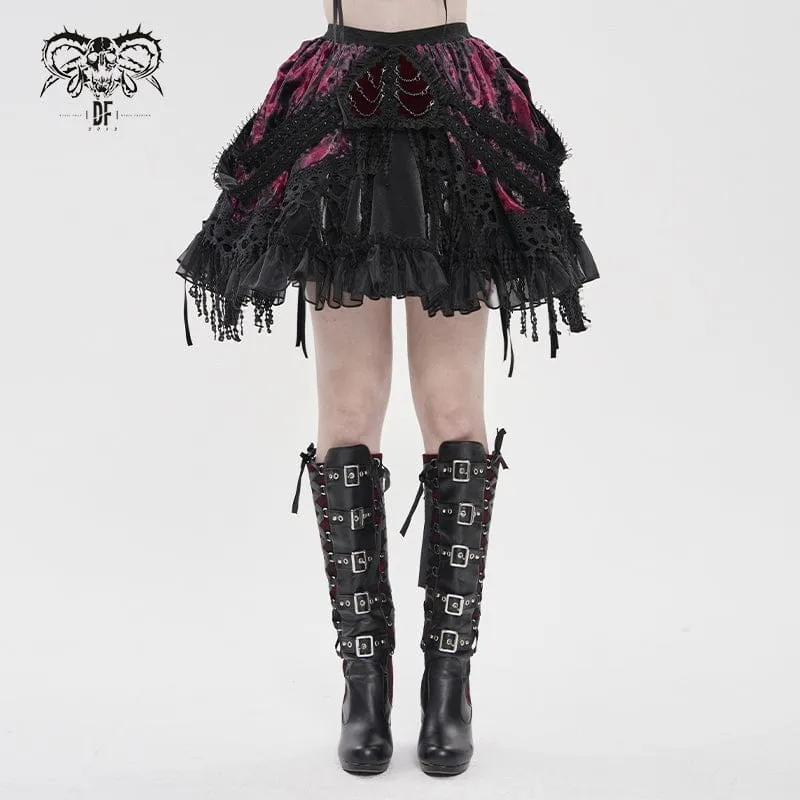Gothic-Minirock für Damen mit Kettenquasten, mehrlagig, schwarz-rot