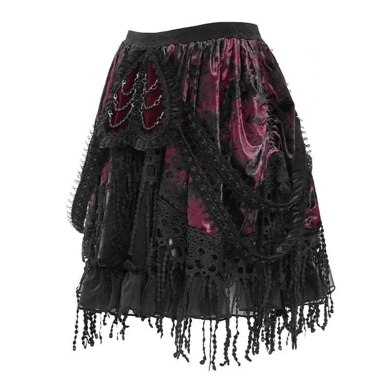 Gothic-Minirock für Damen mit Kettenquasten, mehrlagig, schwarz-rot
