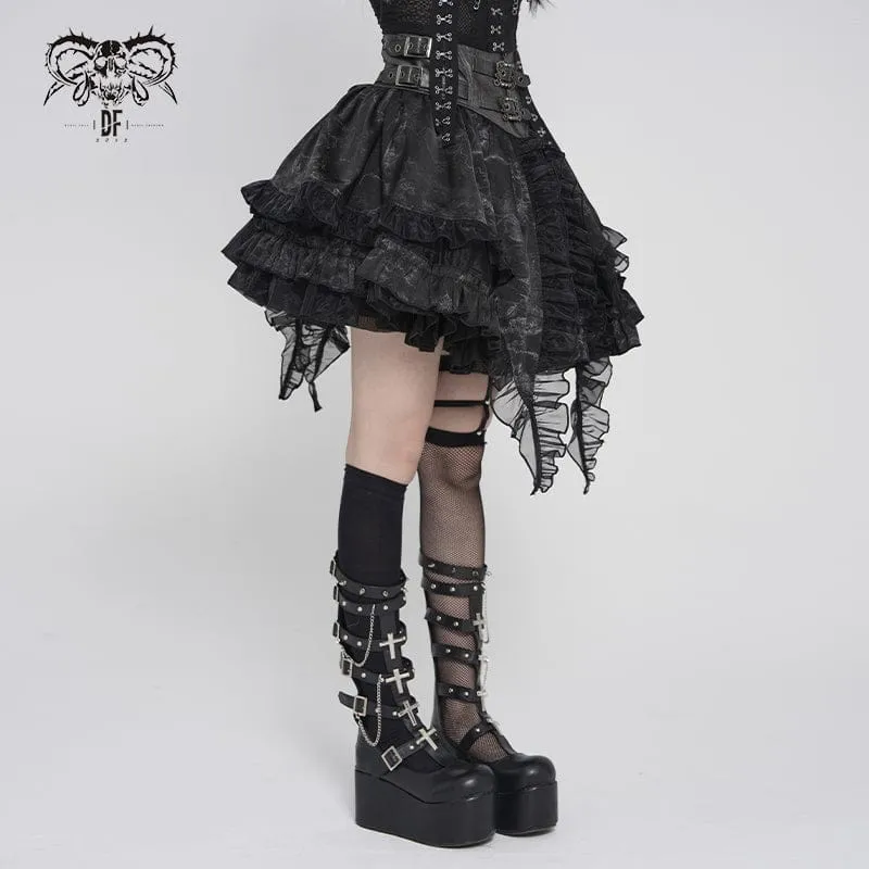 Gothic-Minirock für Damen mit Schnallenverschluss, Print und Rüschen
