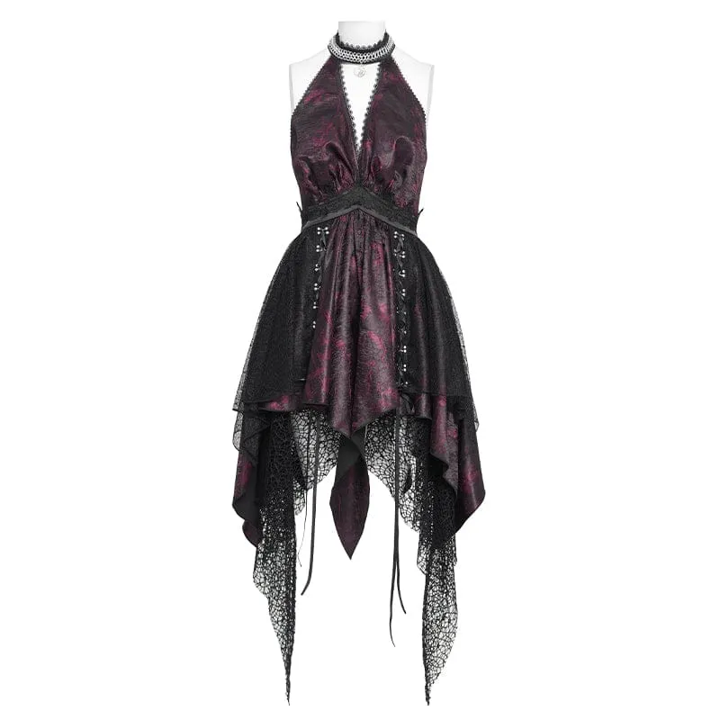 Gothic-Kleid für Damen mit unregelmäßigem, tiefem Ausschnitt, Quasten und Neckholder