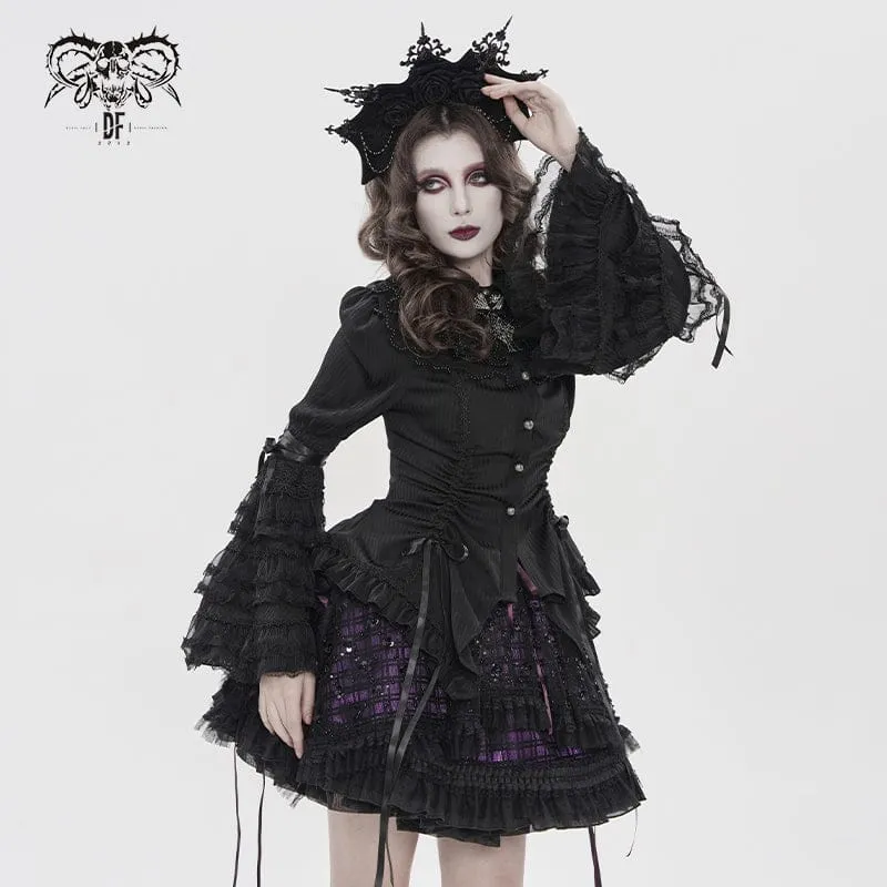 Schwarzes Damen-T-Shirt im Gothic-Stil mit Nadelstreifen, Kordelzug und ausgestellten Ärmeln