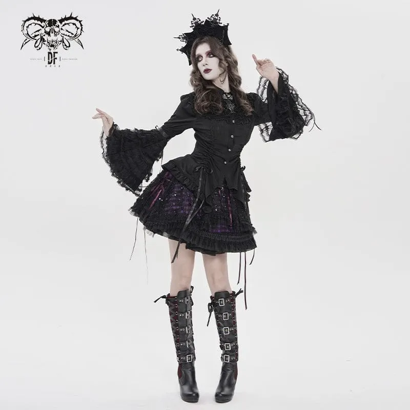Schwarzes Damen-T-Shirt im Gothic-Stil mit Nadelstreifen, Kordelzug und ausgestellten Ärmeln