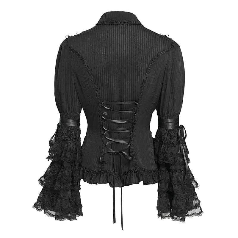 Schwarzes Damen-T-Shirt im Gothic-Stil mit Nadelstreifen, Kordelzug und ausgestellten Ärmeln