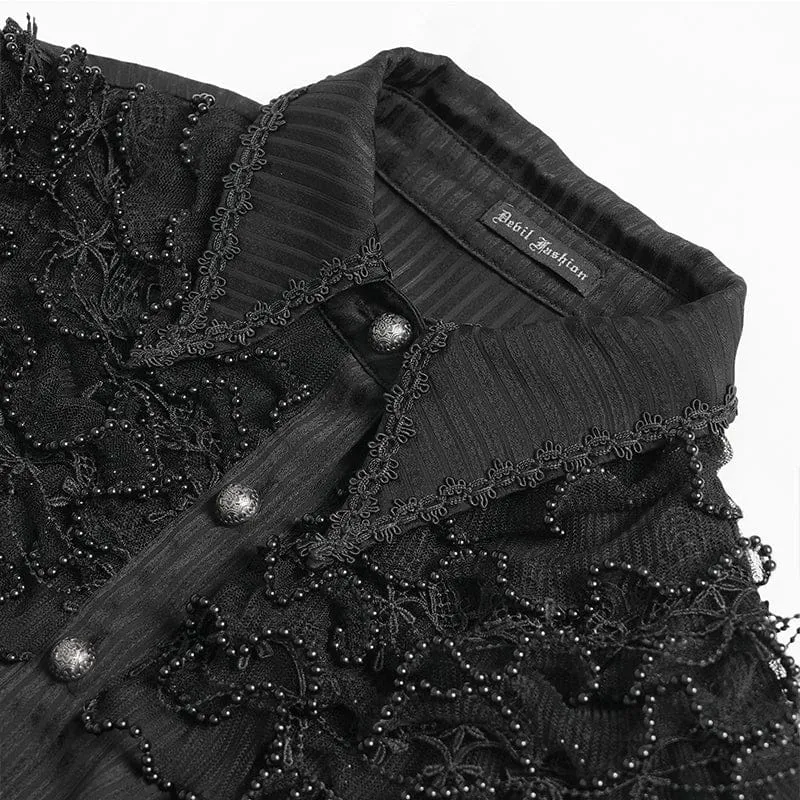Schwarzes Damen-T-Shirt im Gothic-Stil mit Nadelstreifen, Kordelzug und ausgestellten Ärmeln