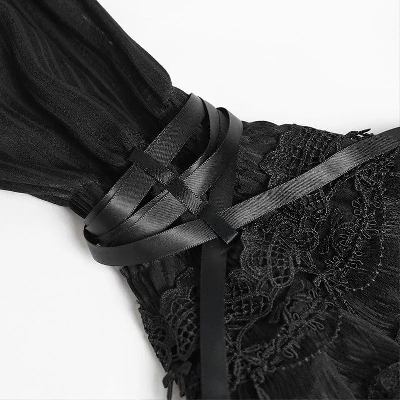 Schwarzes Damen-T-Shirt im Gothic-Stil mit Nadelstreifen, Kordelzug und ausgestellten Ärmeln