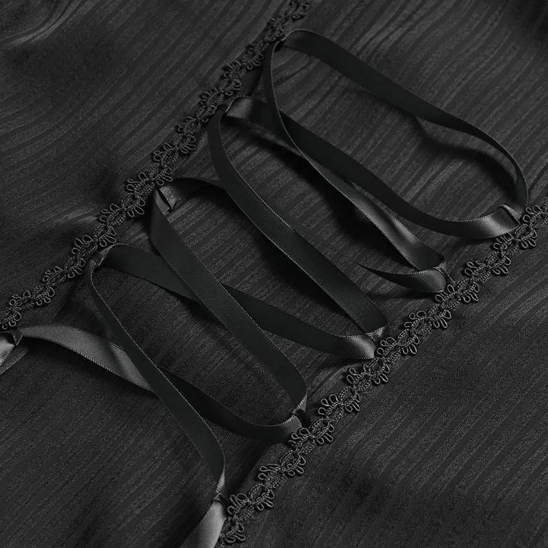 Schwarzes Damen-T-Shirt im Gothic-Stil mit Nadelstreifen, Kordelzug und ausgestellten Ärmeln