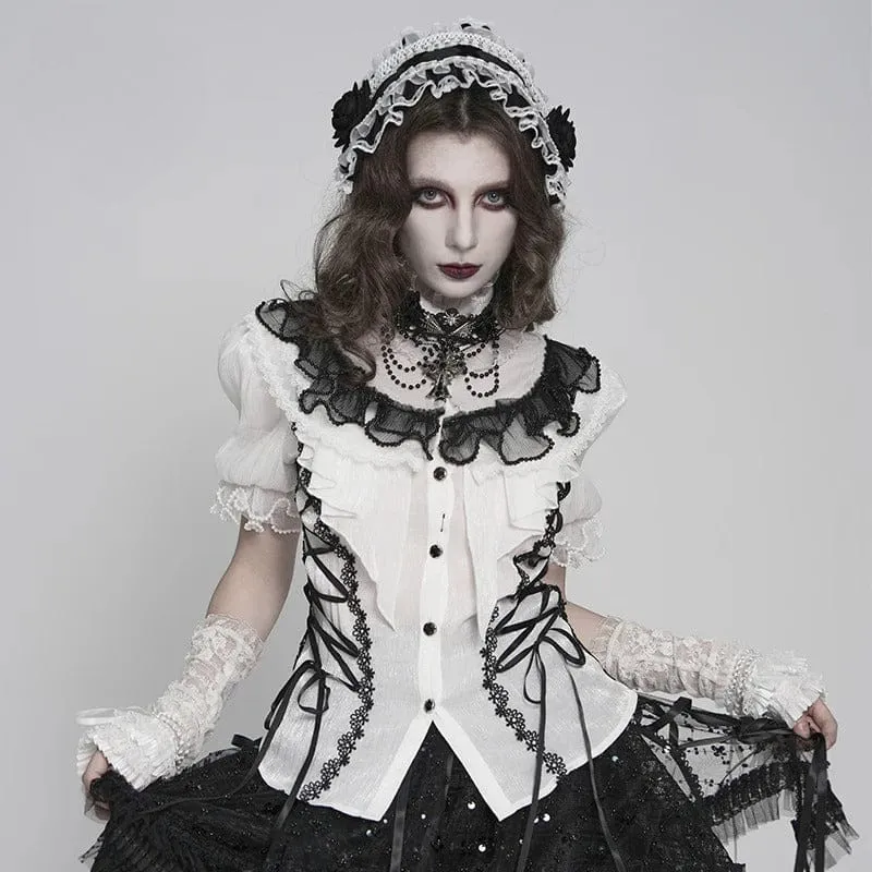 Gothic-Damenbluse mit Rüschen, Stehkragen, Puffärmeln und kurzen Ärmeln, Schwarz-Weiß