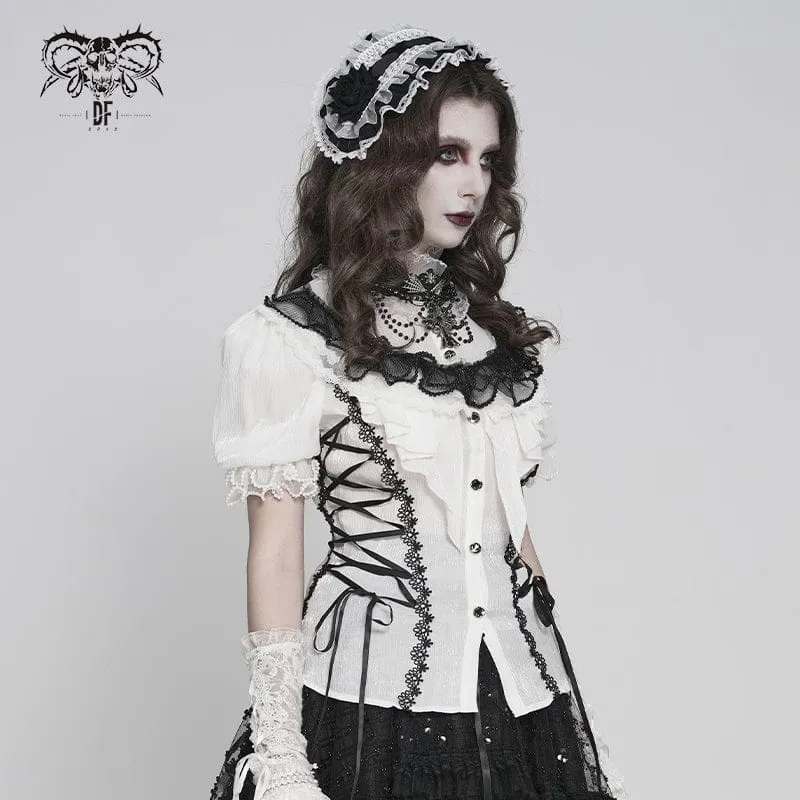Gothic-Damenbluse mit Rüschen, Stehkragen, Puffärmeln und kurzen Ärmeln, Schwarz-Weiß