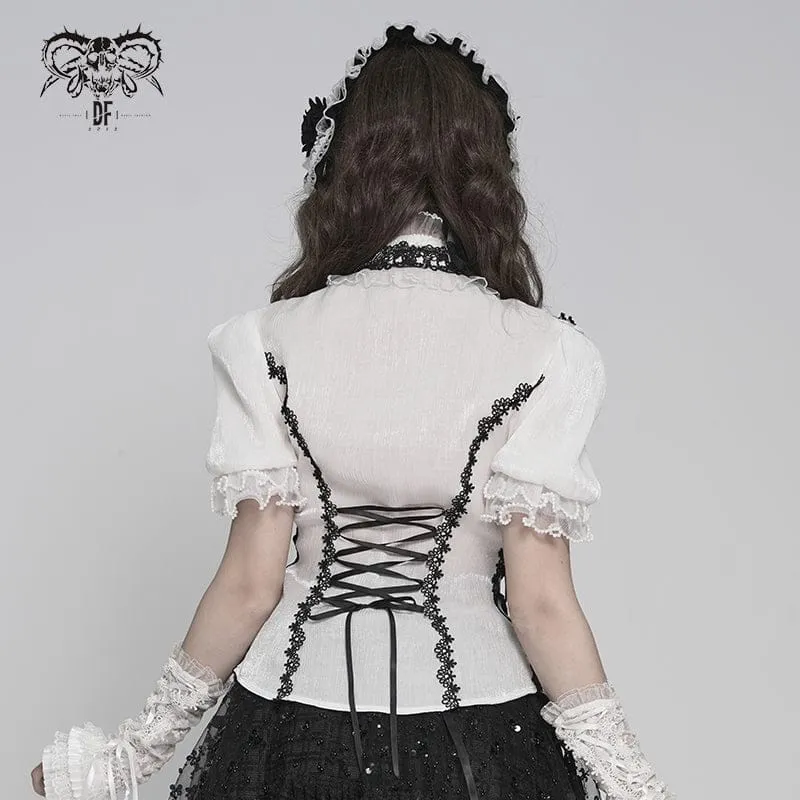 Gothic-Damenbluse mit Rüschen, Stehkragen, Puffärmeln und kurzen Ärmeln, Schwarz-Weiß