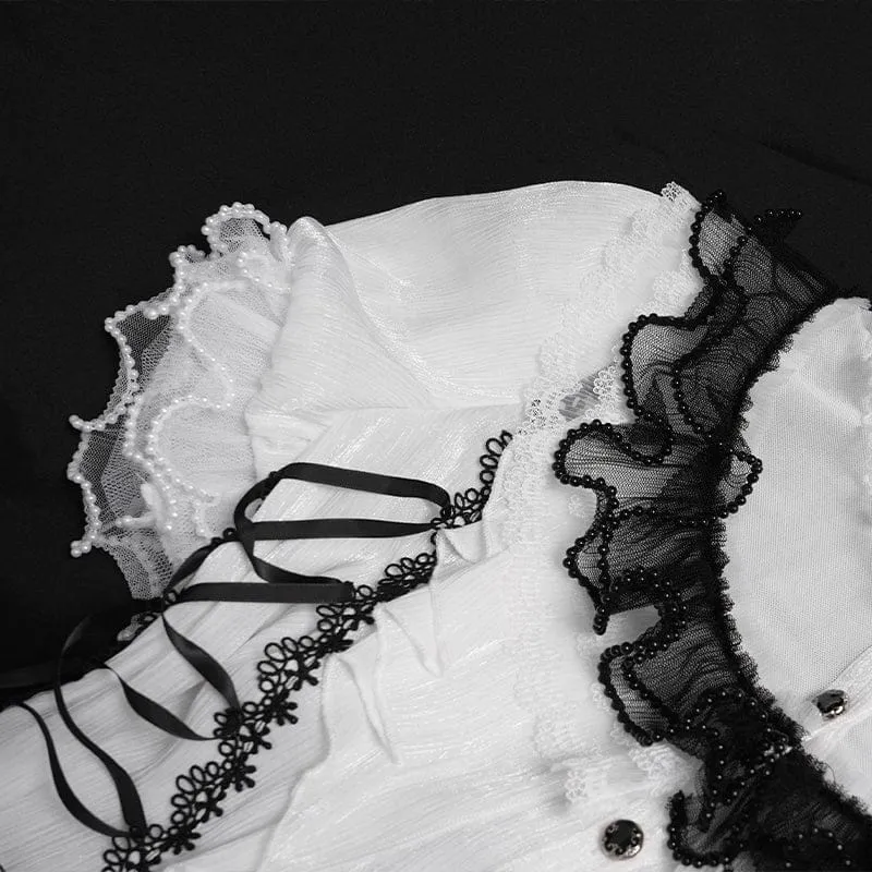 Gothic-Damenbluse mit Rüschen, Stehkragen, Puffärmeln und kurzen Ärmeln, Schwarz-Weiß