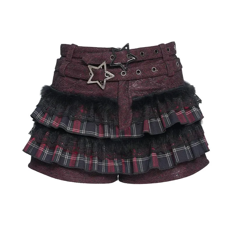 Damen Grunge Star Layered Plaid Falbala Shorts