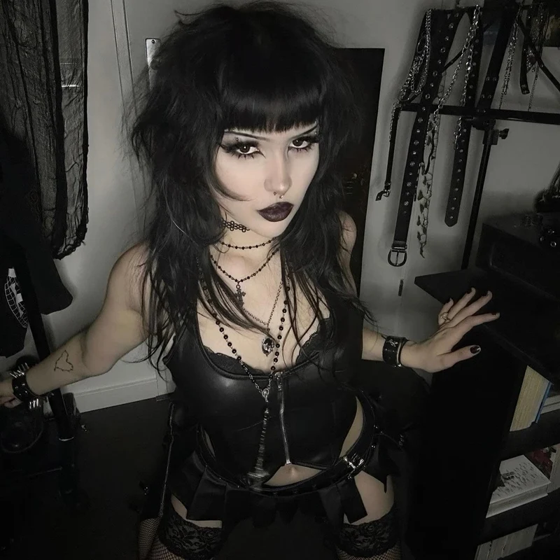 Damen Punk Reißverschluss Neckholder Kunstleder Bustier