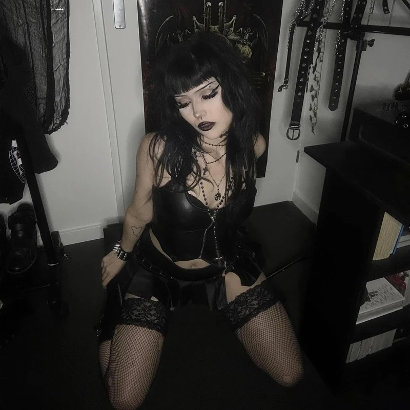 Damen Punk Reißverschluss Neckholder Kunstleder Bustier