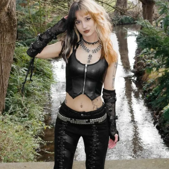 Damen Punk Reißverschluss Neckholder Kunstleder Bustier