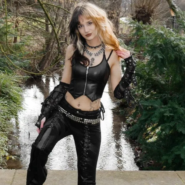 Damen Punk Reißverschluss Neckholder Kunstleder Bustier