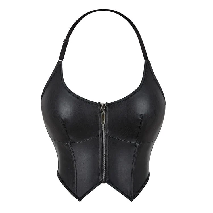 Damen Punk Reißverschluss Neckholder Kunstleder Bustier