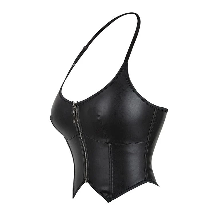 Damen Punk Reißverschluss Neckholder Kunstleder Bustier
