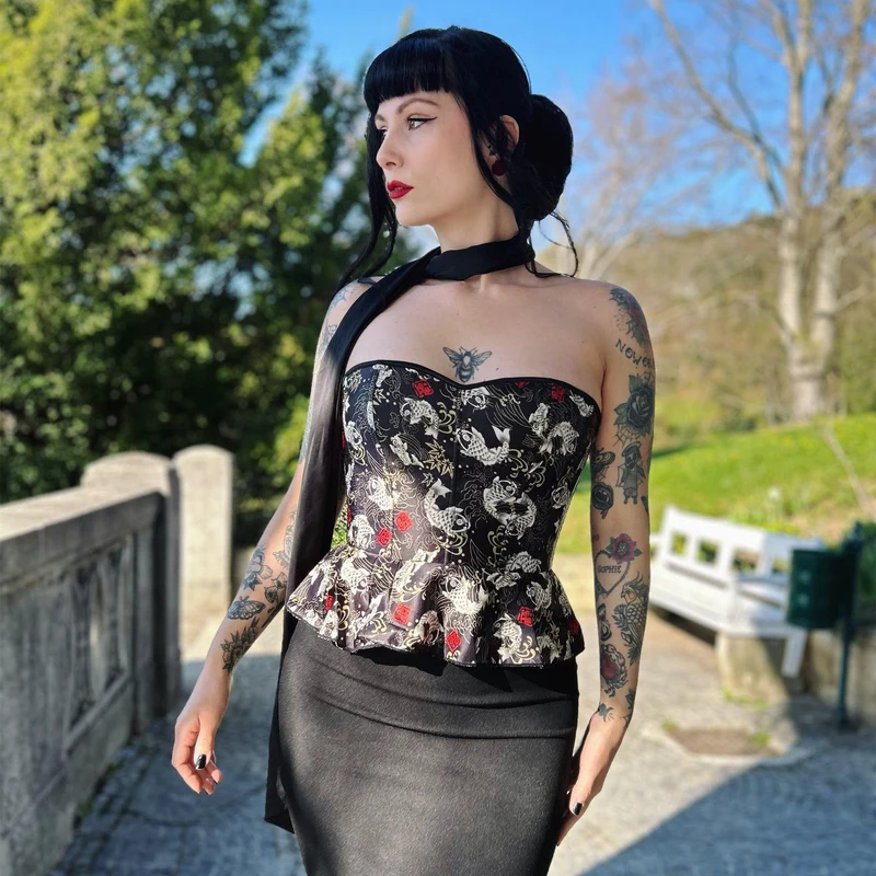 Gothic-Überbrustkorsett mit Koi-Fisch-Aufdruck und Rüschen für Damen