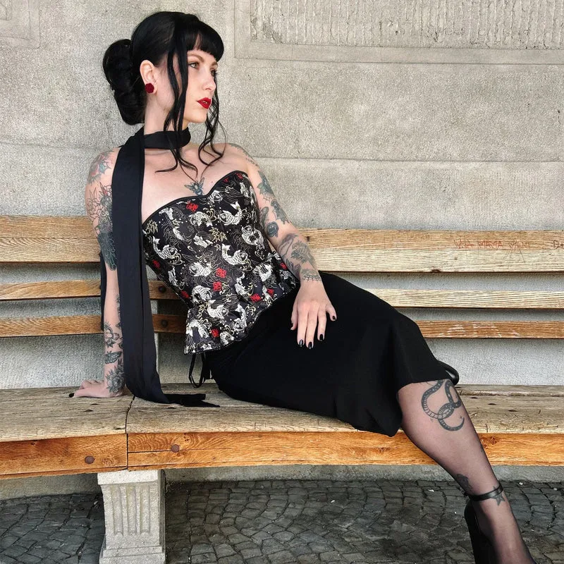 Gothic-Überbrustkorsett mit Koi-Fisch-Aufdruck und Rüschen für Damen