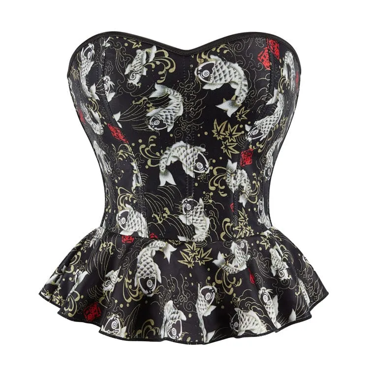 Gothic-Überbrustkorsett mit Koi-Fisch-Aufdruck und Rüschen für Damen