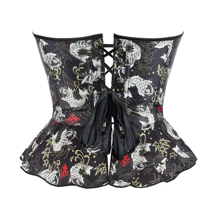 Gothic-Überbrustkorsett mit Koi-Fisch-Aufdruck und Rüschen für Damen