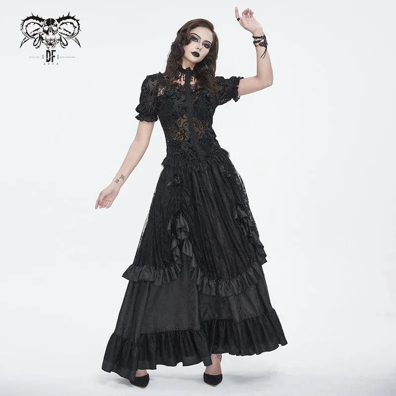 Damen-Gothic-Hemd mit Puffärmeln und beflocktem Netzstoff