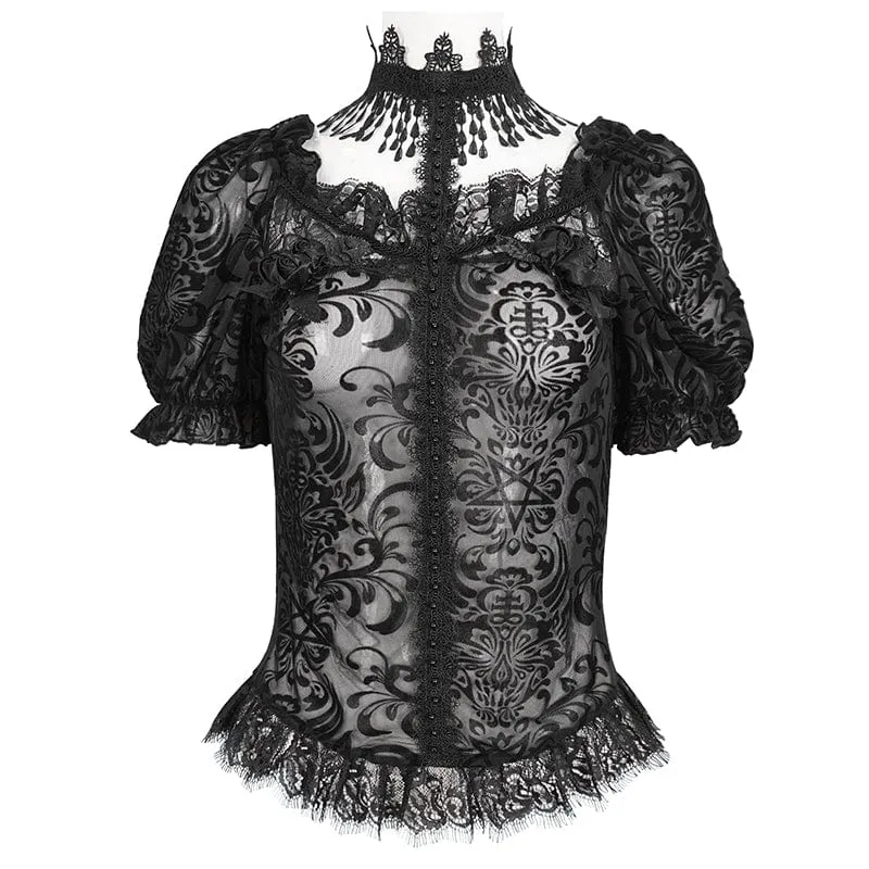 Damen-Gothic-Hemd mit Puffärmeln und beflocktem Netzstoff