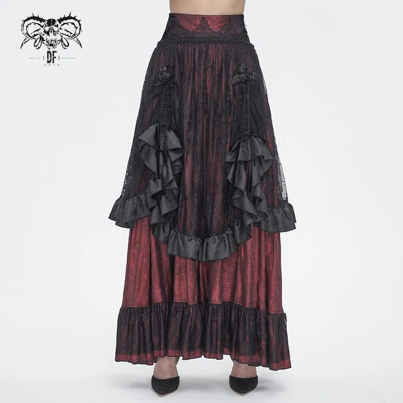 Gothic-Rock aus roter Spitze mit Kordelzug und Rüschen für Damen