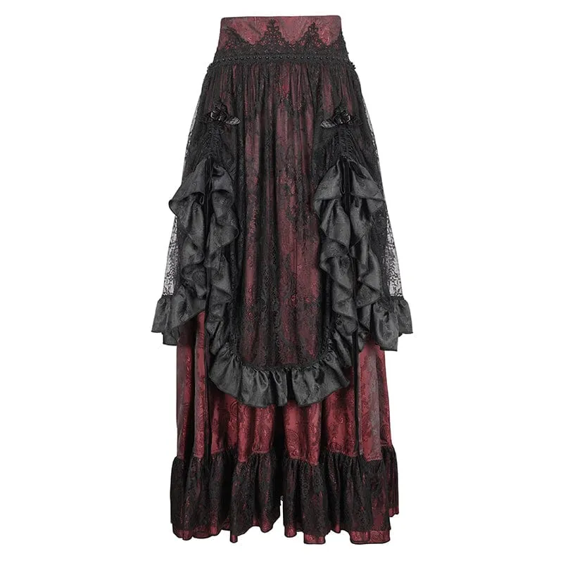 Gothic-Rock aus roter Spitze mit Kordelzug und Rüschen für Damen