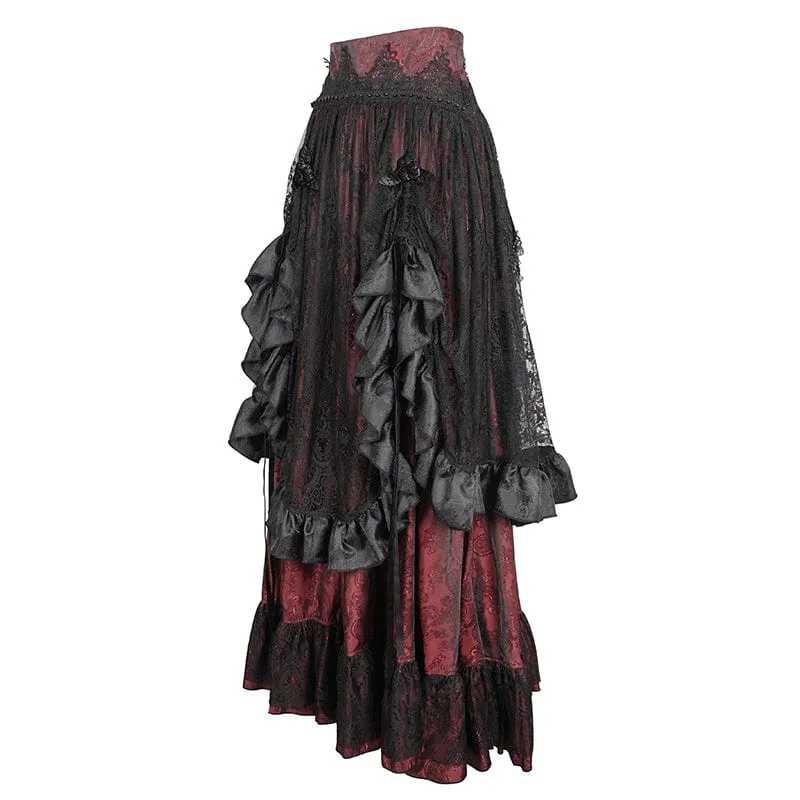 Gothic-Rock aus roter Spitze mit Kordelzug und Rüschen für Damen