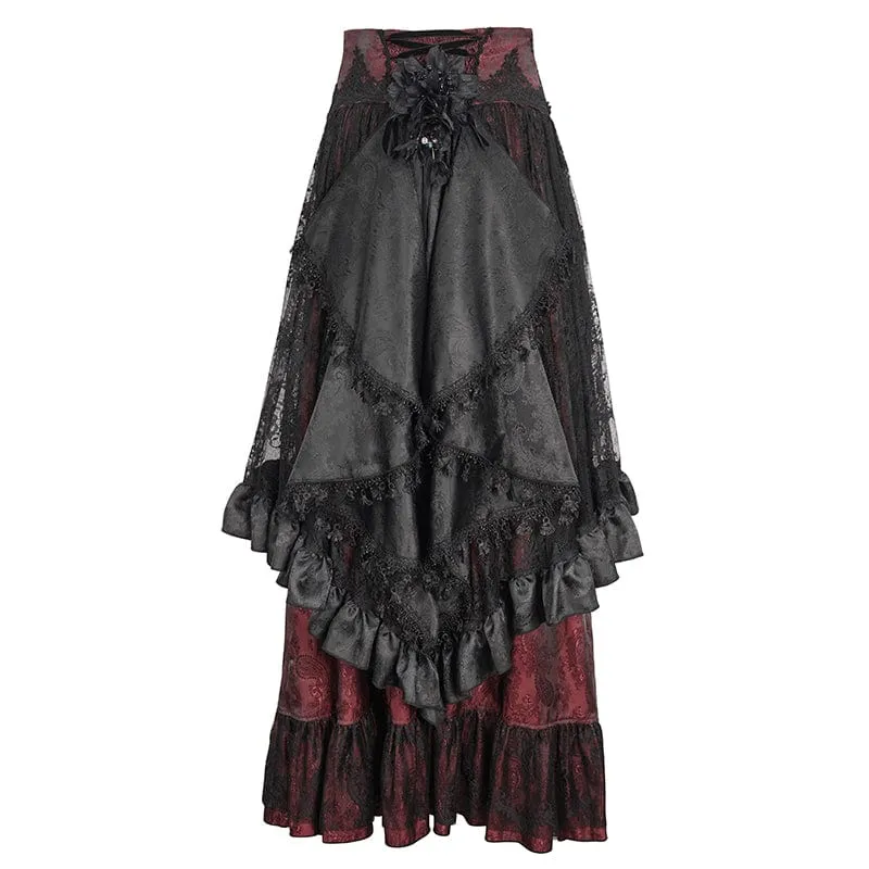 Gothic-Rock aus roter Spitze mit Kordelzug und Rüschen für Damen