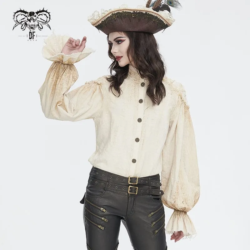 Damen Steampunk-Hemd in Beige mit Stehkragen und Puffärmeln