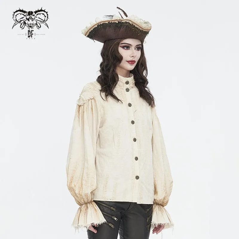 Damen Steampunk-Hemd in Beige mit Stehkragen und Puffärmeln
