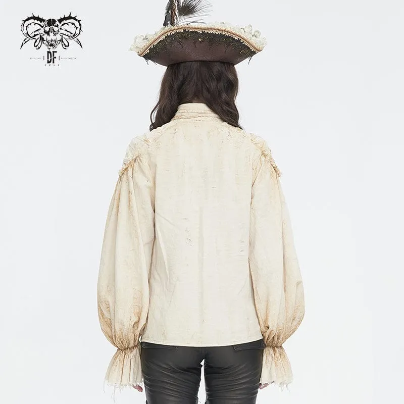 Damen Steampunk-Hemd in Beige mit Stehkragen und Puffärmeln