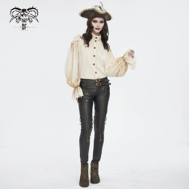 Damen Steampunk-Hemd in Beige mit Stehkragen und Puffärmeln