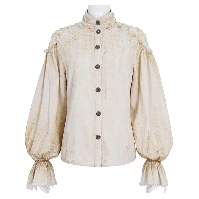 Damen Steampunk-Hemd in Beige mit Stehkragen und Puffärmeln