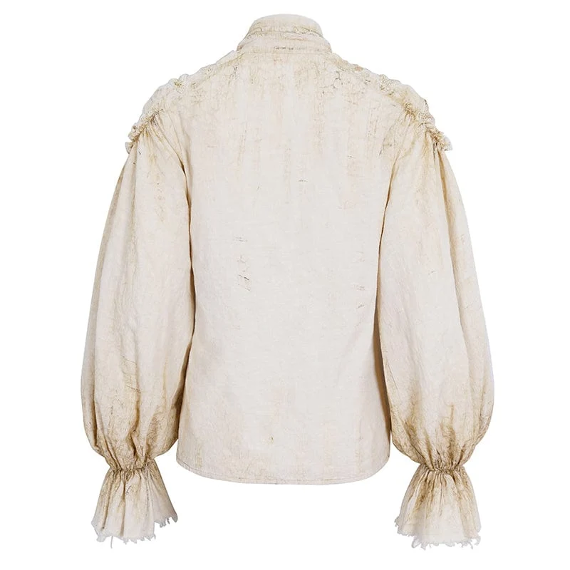 Damen Steampunk-Hemd in Beige mit Stehkragen und Puffärmeln