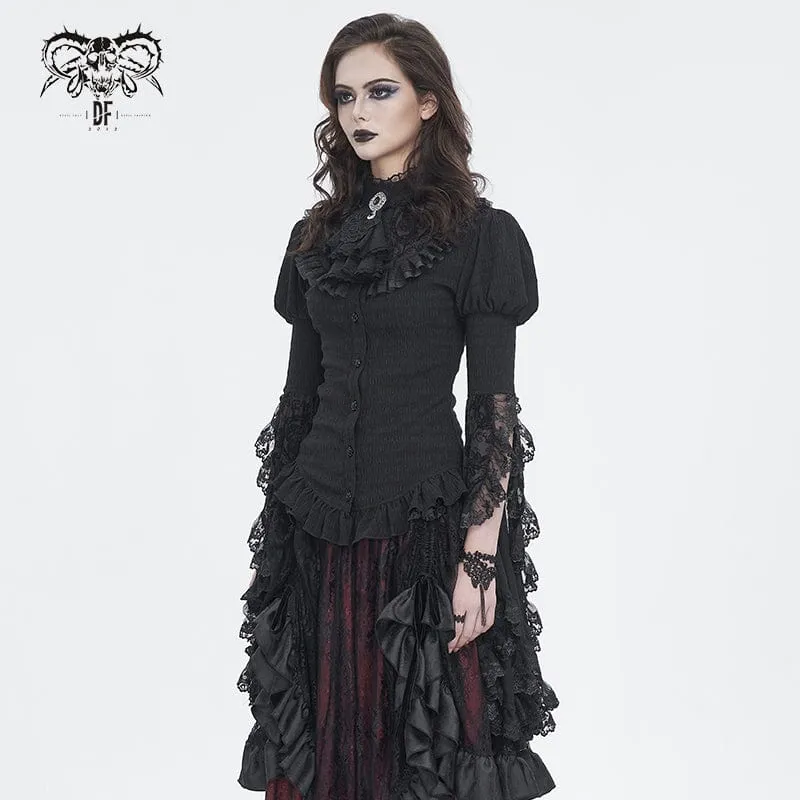 Damen-Gothic-Hemd mit Puffärmeln, Rüschen und abgesetzter Krawatte