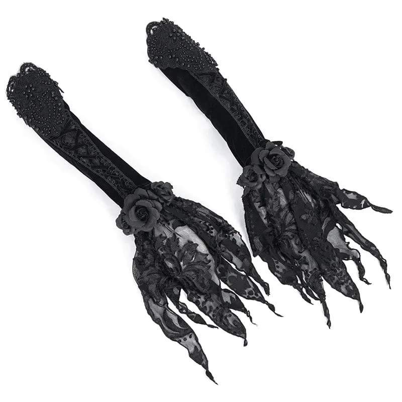 Damen-Gothic-Samthandschuhe mit Blumenmuster und Perlen