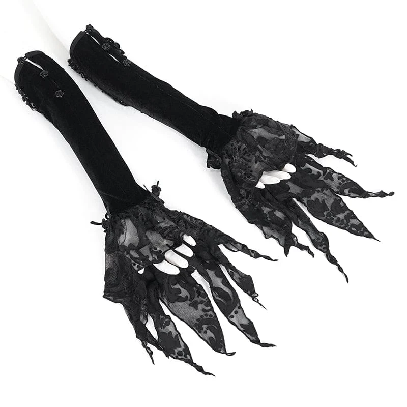 Damen-Gothic-Samthandschuhe mit Blumenmuster und Perlen